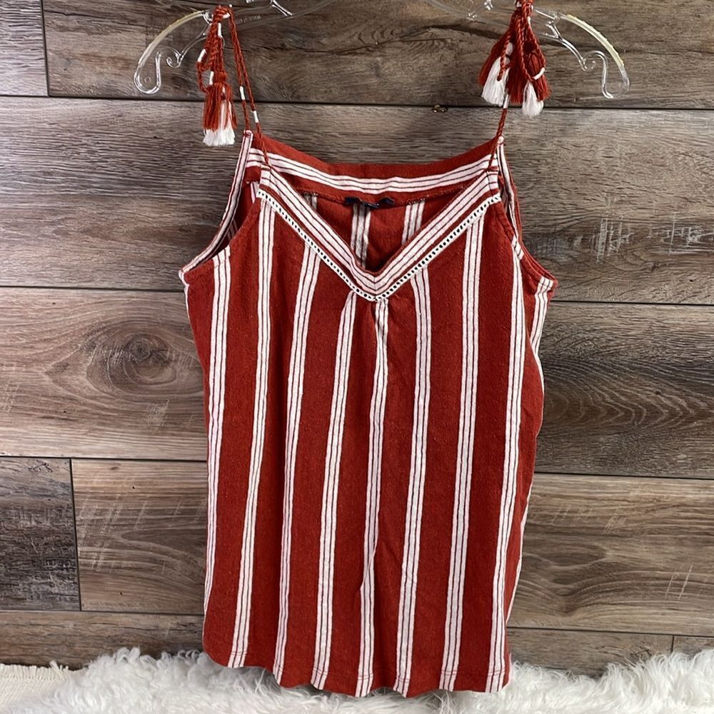 KIABI Ladies Tassel String Strap Tank Cotton Linen Flax Top Shirt Size Medium